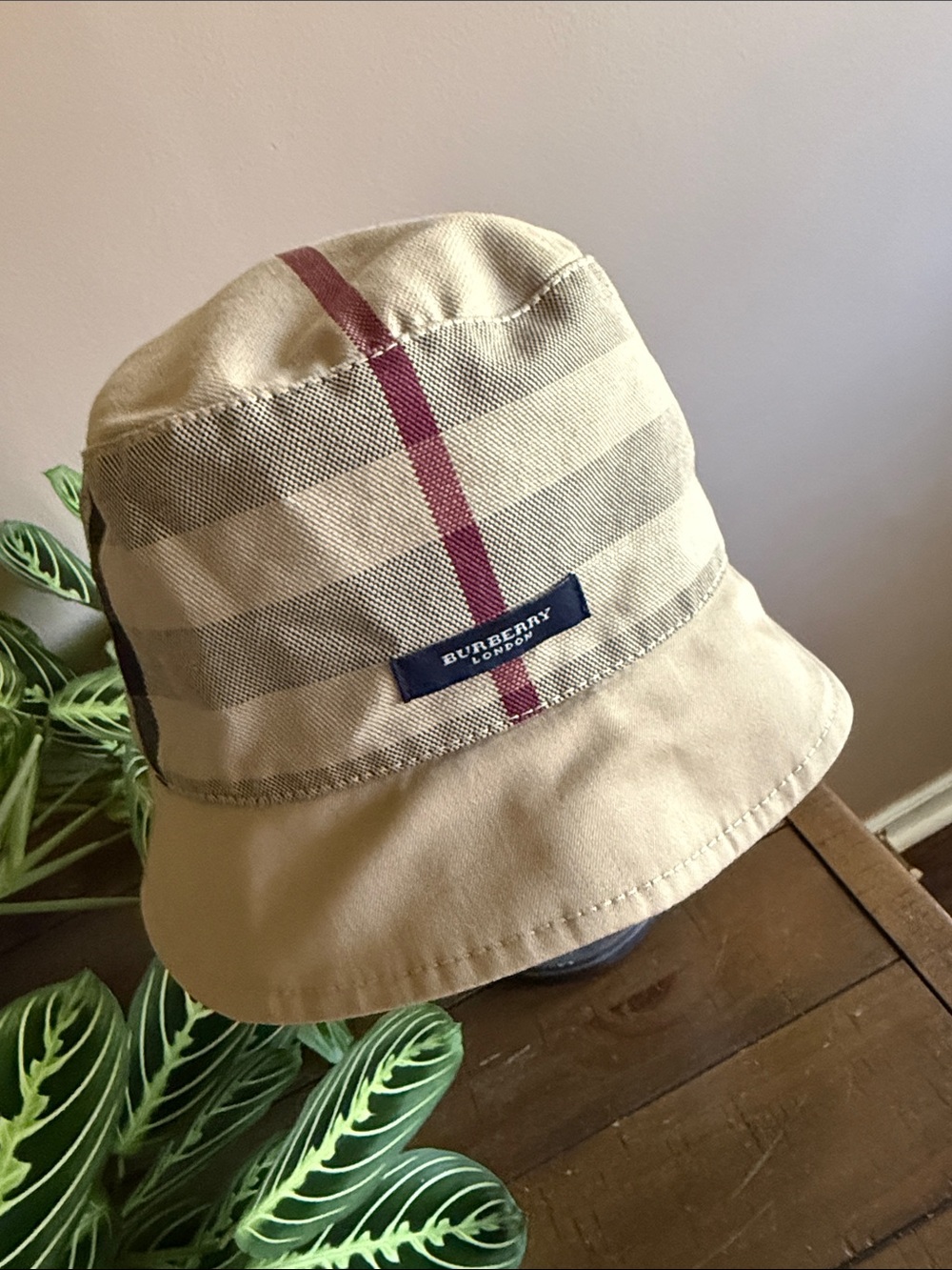 Burberry Tan Plaid Bucket Hat with Burgundy Stripe